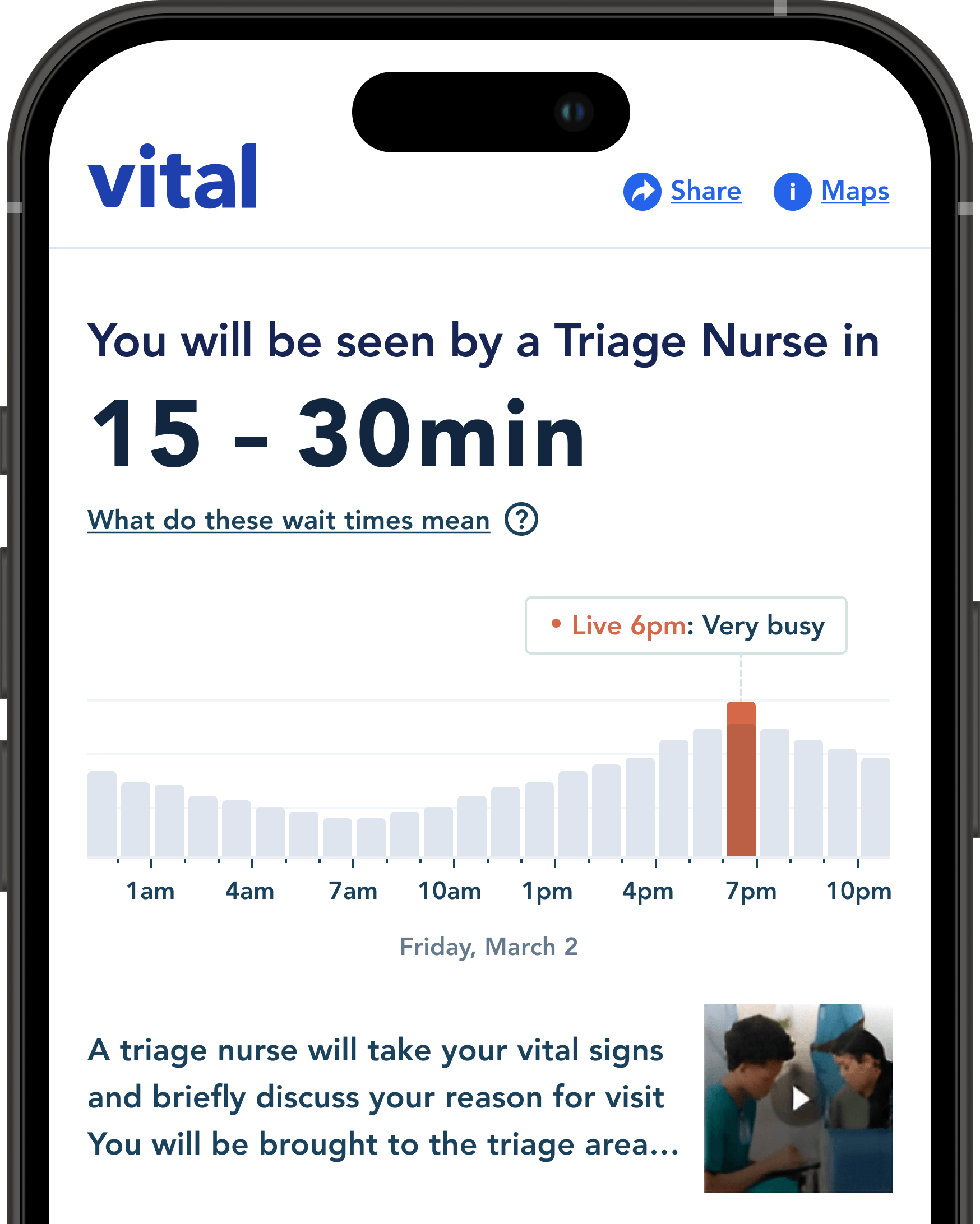 Example screenshot of the ERAdvisor mobile application notifying a patient that their wait time to see a Triage Nurse is 15 to 30 minutes.