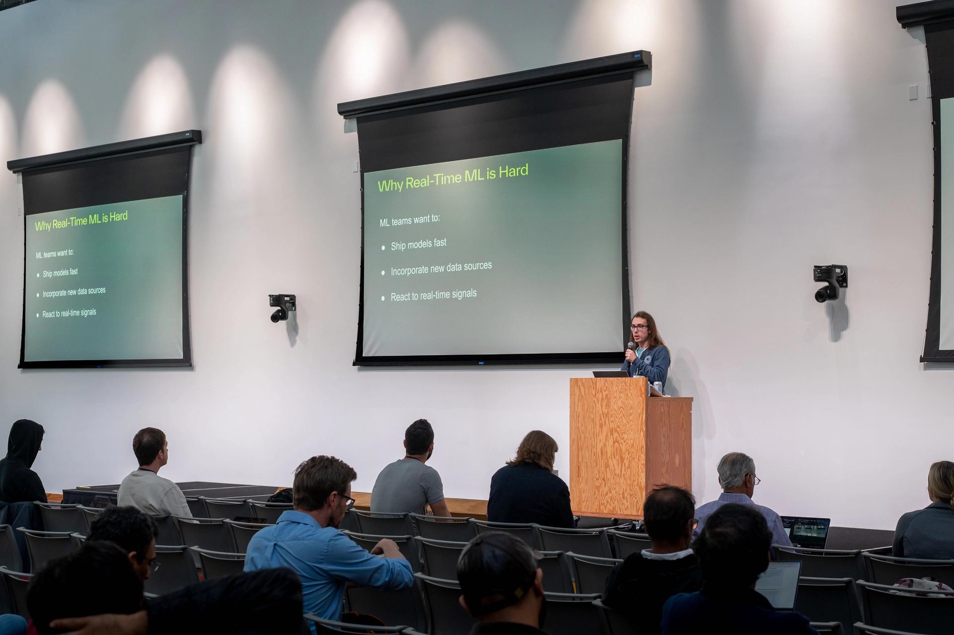 Nathan in his element at VeloxCon, breaking down why real-time ML is a real pain
